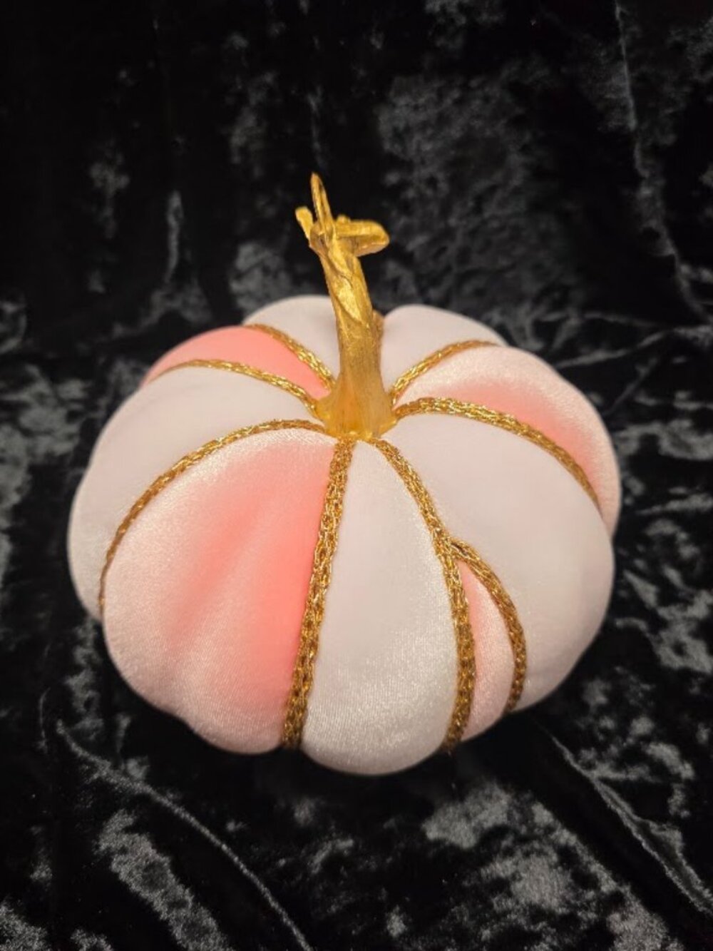 Light Pink and White Velvet Pumpkin, Gold Cord Trim, Handcrafted